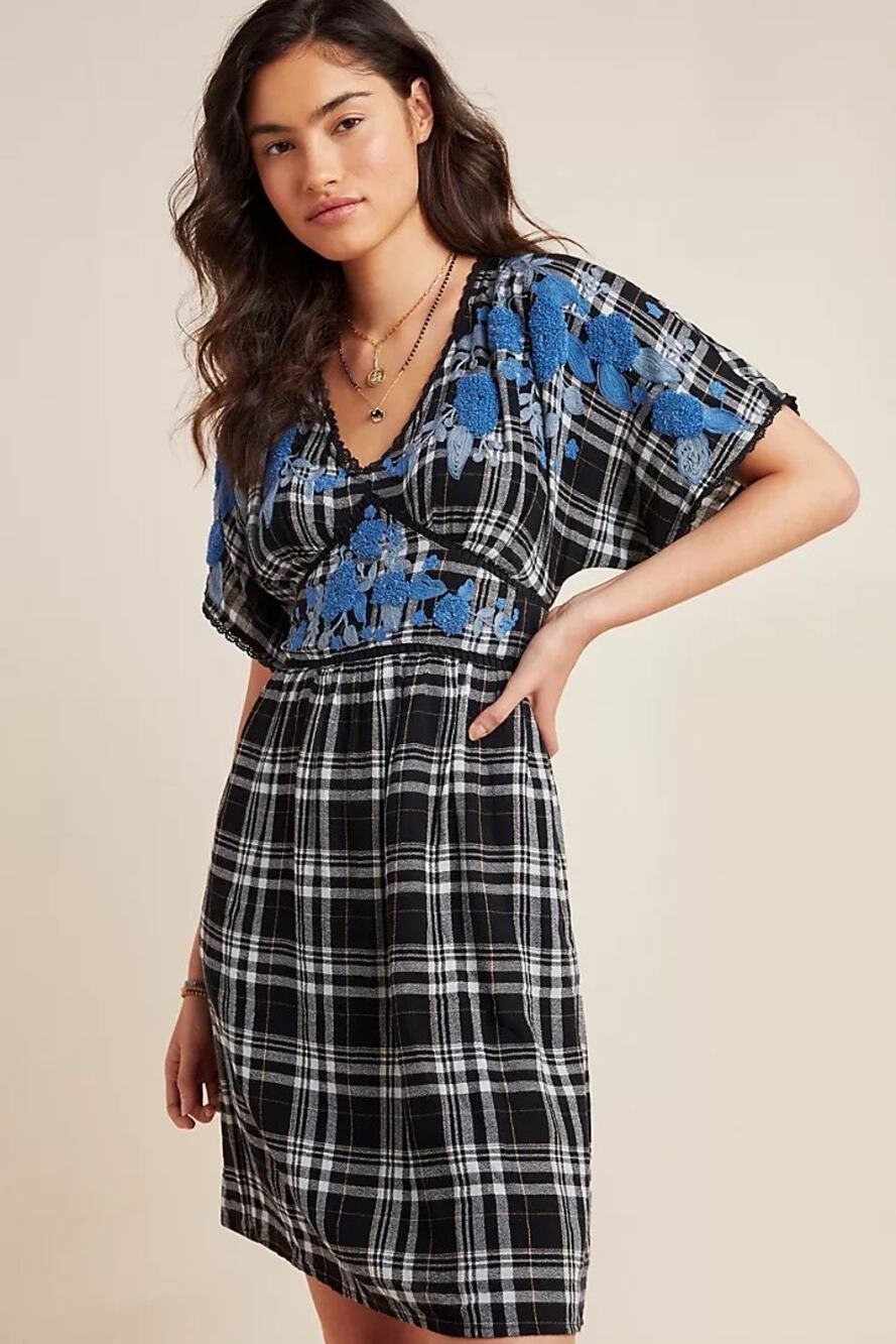 By Anthropologie Sarah Plaid Embroidered Tunic Dress Blue Floral Lace US 2 UK 6